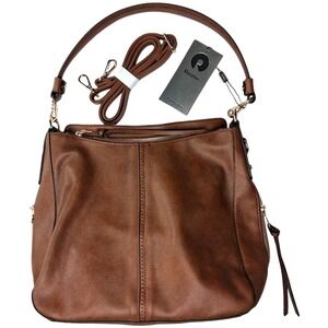 Realer Brown Faux Leather Hobo Shoulder Bag Side Pockets Extra Strap Zip NWT